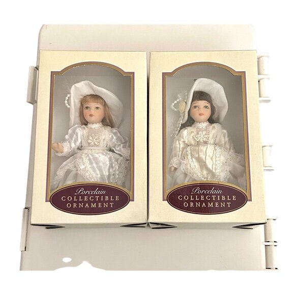 Porcelain Doll Ornaments - Set of 2 - Adorable Dolls with Dreese & Hats - Picture 8 of 14